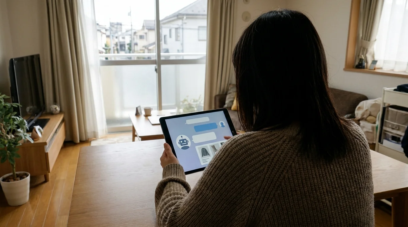 A Japanese logistics manager in a modern Tokyo office examining a high-tech dashboard. The screen displays complex supply chain data visualizations, real-time inventory levels across multiple warehouses, and an AI-driven customer support interface showing automated response logs.