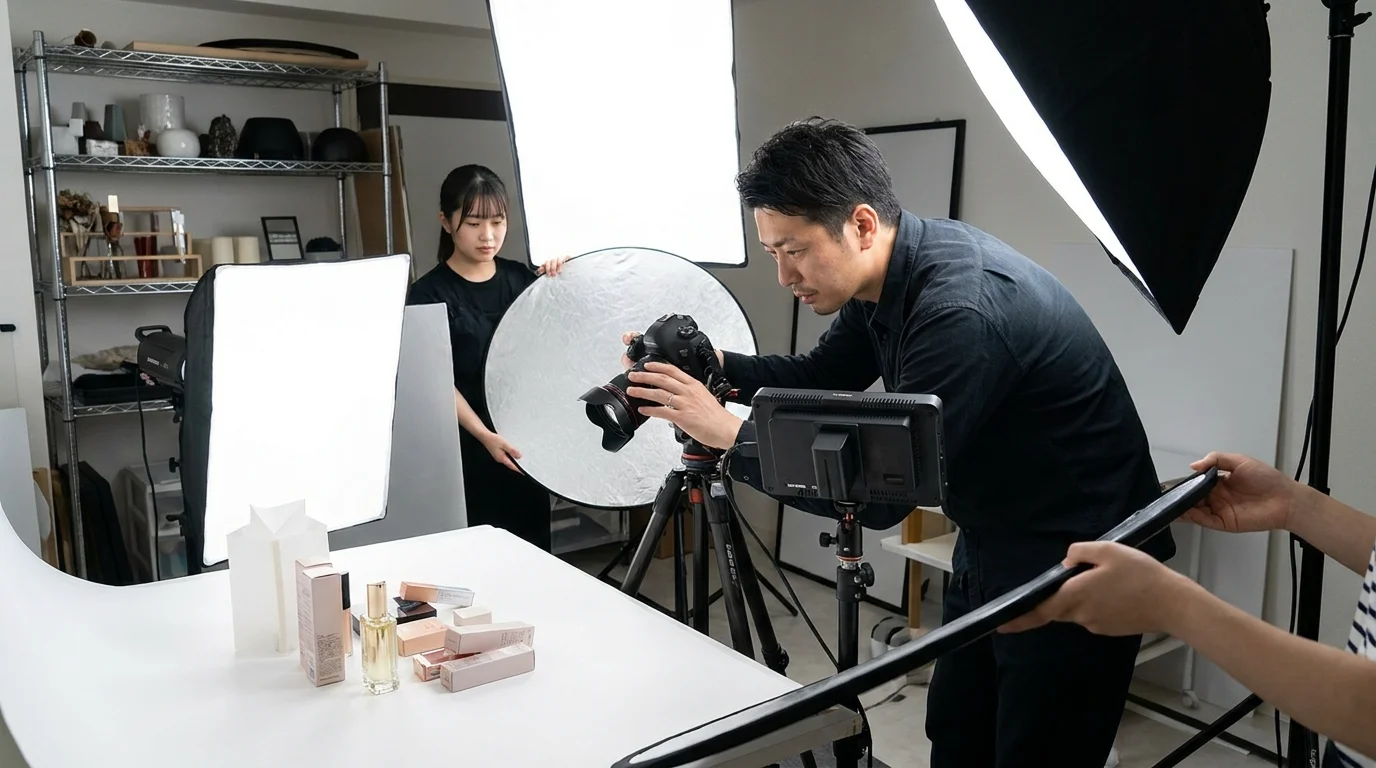 A Japanese data analyst in a Tokyo office monitor reviewing automated AI-generated product copy and high-resolution clothing images on a dashboard.