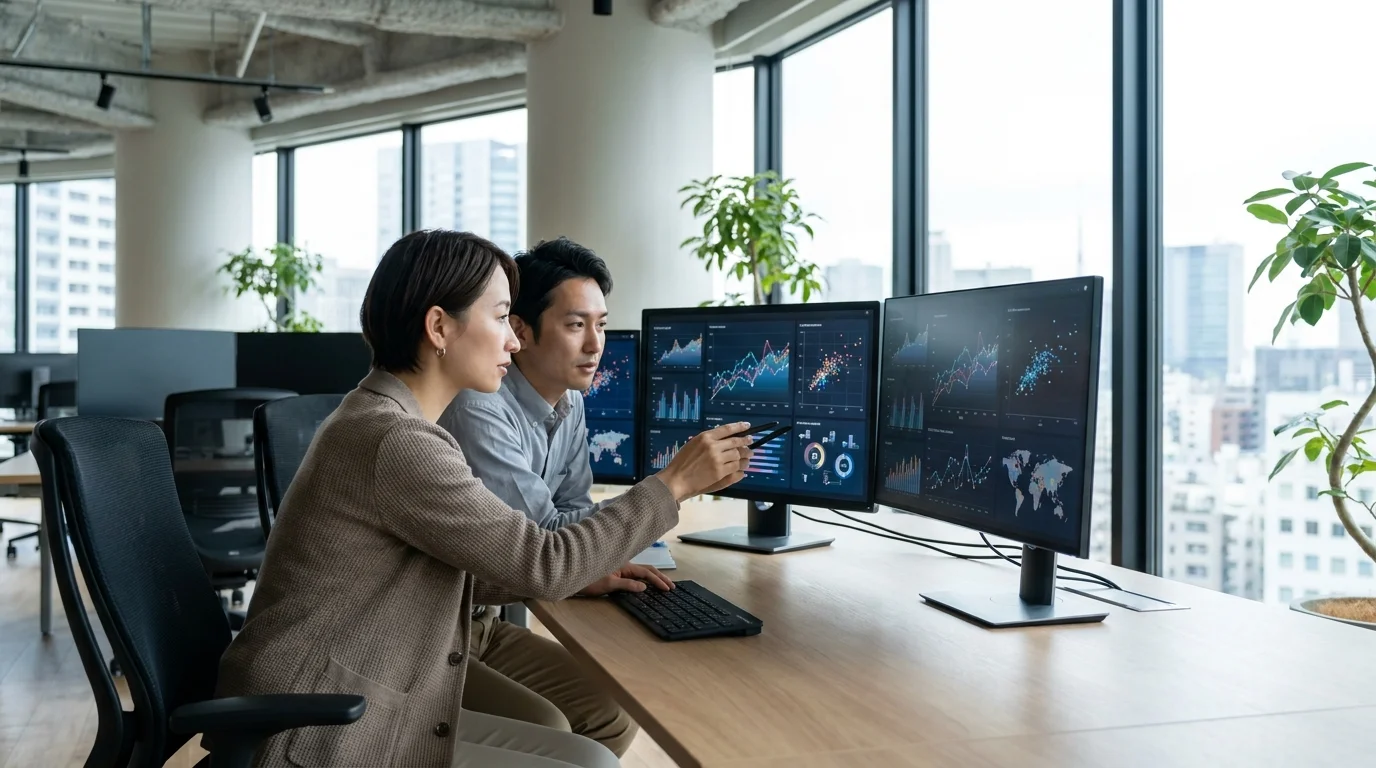 A technical visualization of a Vision Transformer processing an image into a vector space, with Japanese data analysts monitoring the output on high-resolution screens in a Tokyo-based tech office.