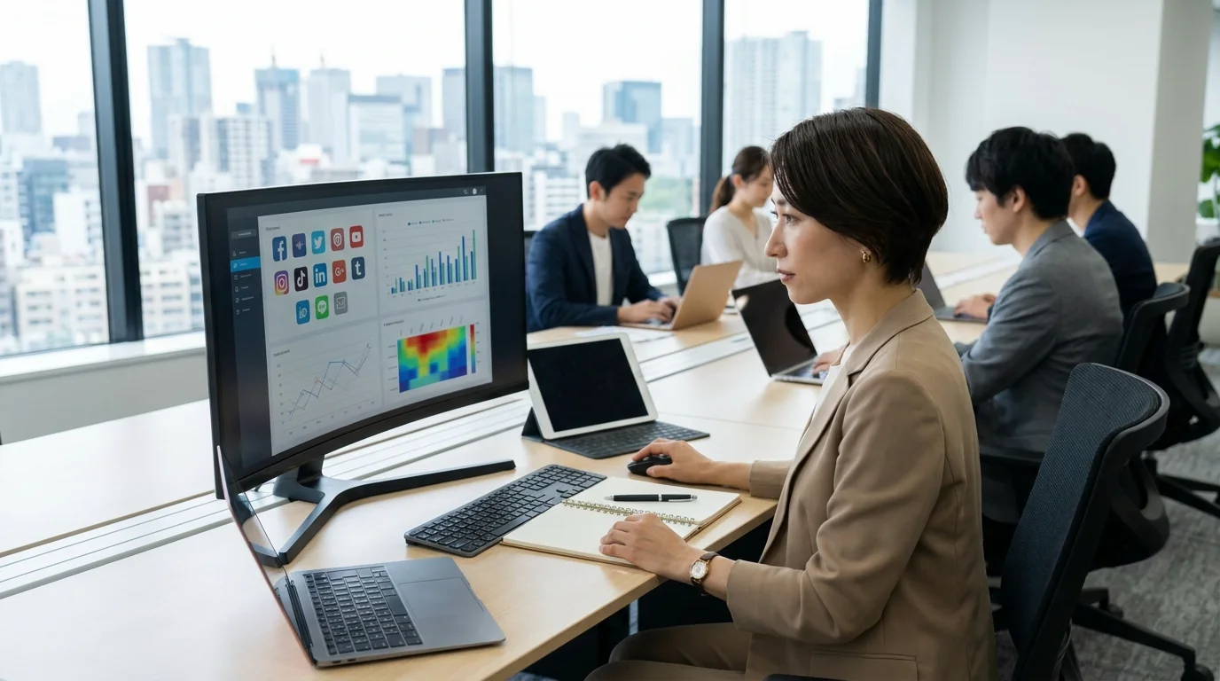 A clean, modern Japanese office setting showing a digital screen with AI-generated Japanese captions and a curated list of trending hashtags for a lifestyle brand.