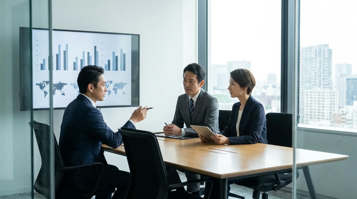 A Japanese data analyst and a Japanese store manager reviewing AI-generated feedback reports on a large tablet in a modern Tokyo office. Both Japanese professionals are wearing business attire and looking intently at the structured data results.
