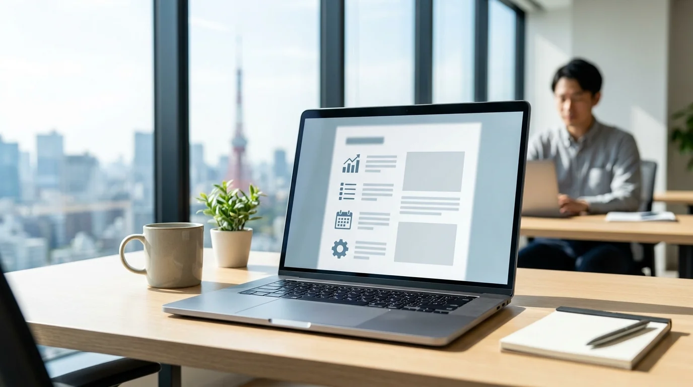 A clean, minimalist workspace in a modern office featuring a high-end laptop showing data-driven presentation slides and a smartphone with business analytics.
