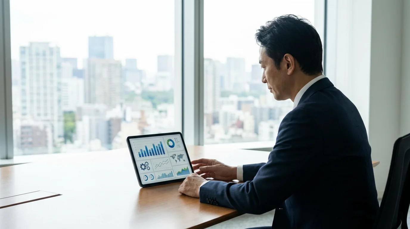 Detailed close-up of a data analysis screen showing complex charts, legal document structure analysis, and compliance score indicators with Japanese text elements, reflecting a professional Japanese business intelligence tool.