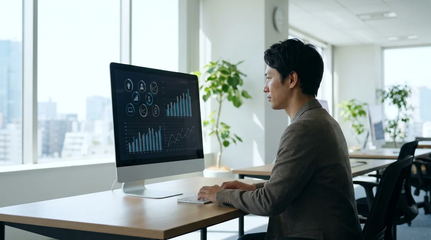 A Japanese data analyst in a Tokyo office looking at multiple monitors displaying financial data visualizations and automated workflow diagrams, emphasizing a high-productivity Japanese business setting.