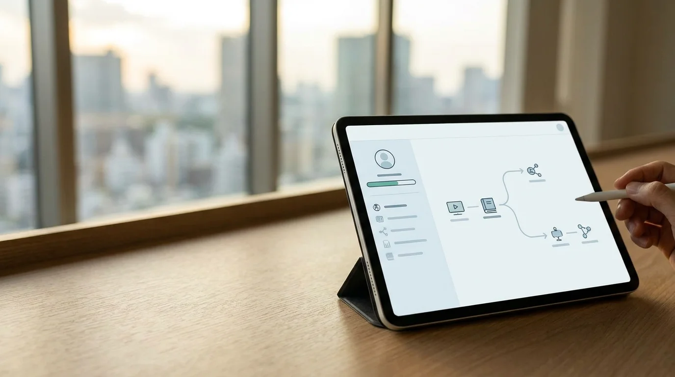A sophisticated user interface of an adaptive learning system displayed on a tablet. The screen shows a personalized learning path with modules specifically curated for a Japanese professional, including progress bars, achievement badges, and a chat window with a helpful AI mentor.