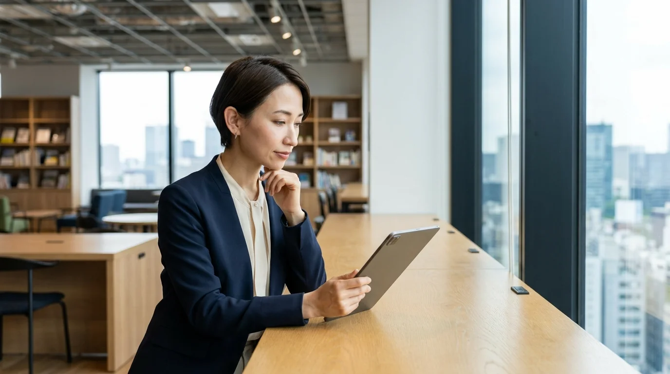 A modern business setting in Tokyo where a young professional is using a digital interface, interacting with a holographic AI assistant that provides real-time feedback and guidance on professional development tasks.