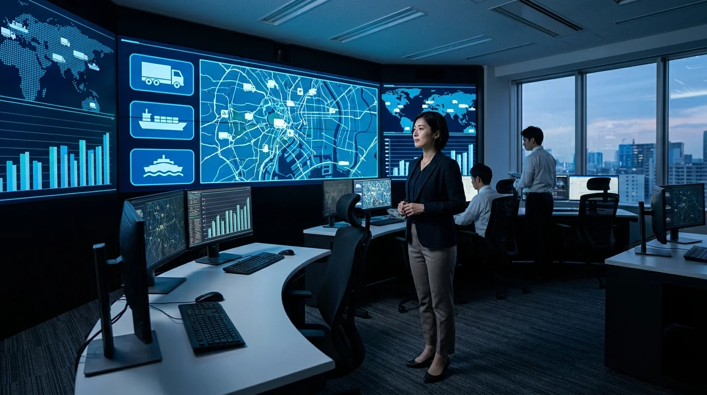 A Japanese data analyst in business attire reviewing logistics optimization charts on a tablet. In the background, a large digital map of Japan displays real-time truck movements and cargo density hotspots in a clean, high-tech control center environment.