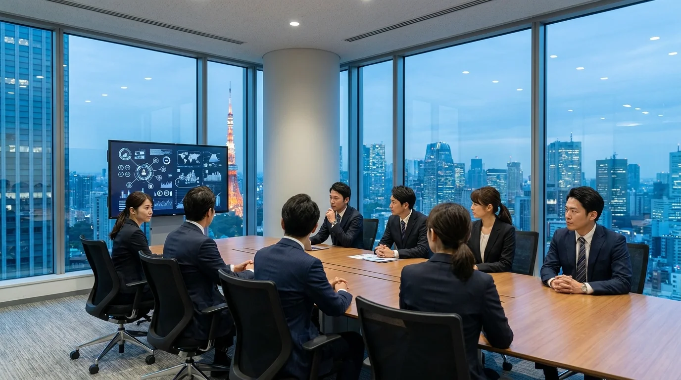 A focused scene showing a Japanese professional reviewing AI-generated minutes on a tablet in a high-end Tokyo office, with financial charts and business documents visible in the background.