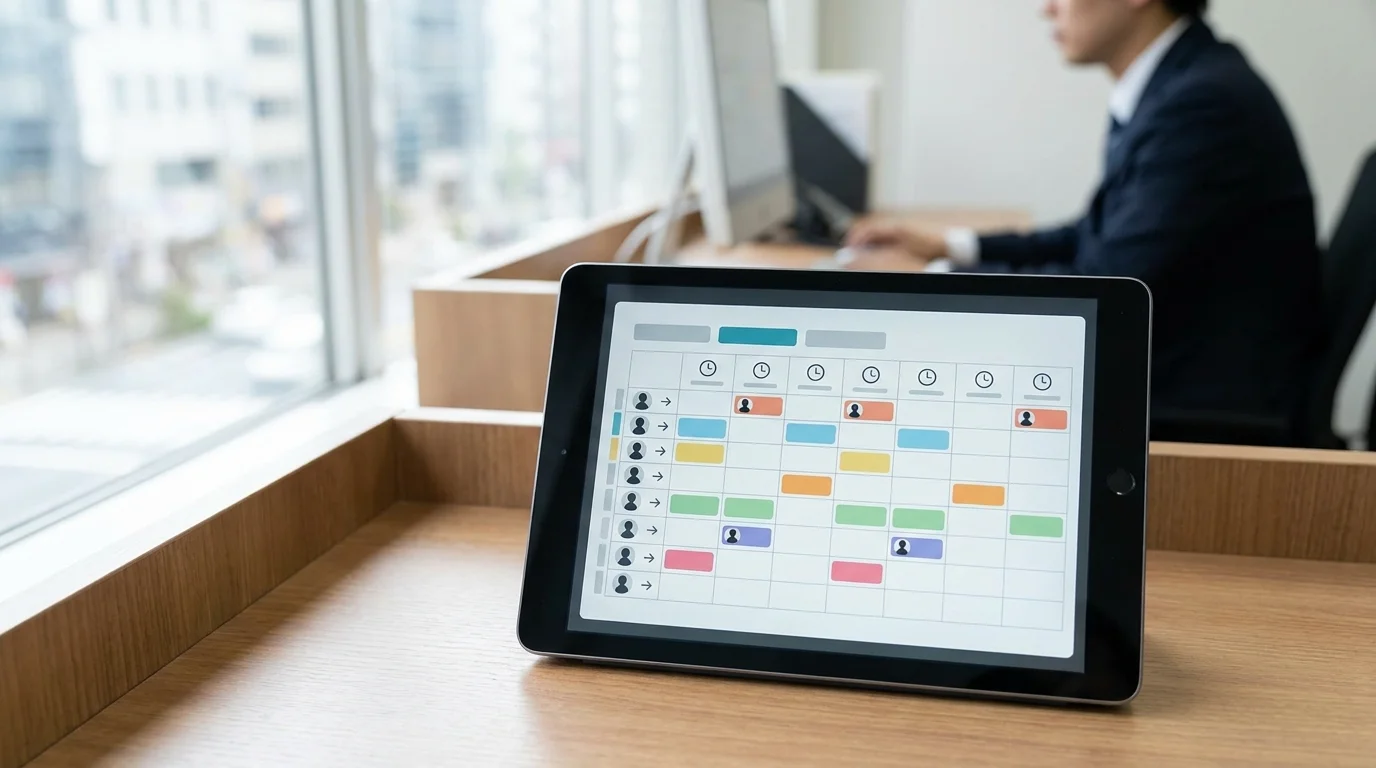 A detailed data visualization screen showing Japanese workforce productivity metrics and task distribution charts. The interface is clean, professional, and reflects a modern Japanese office setting focused on labor efficiency.