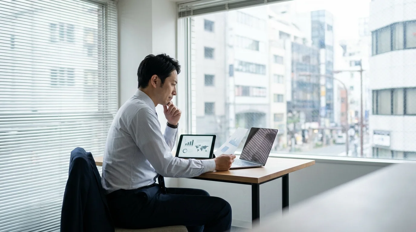 A group of Japanese professionals in a Tokyo conference room, looking at a large screen displaying AI-driven shift optimization results. They are engaged in a strategic discussion about labor cost reduction.
