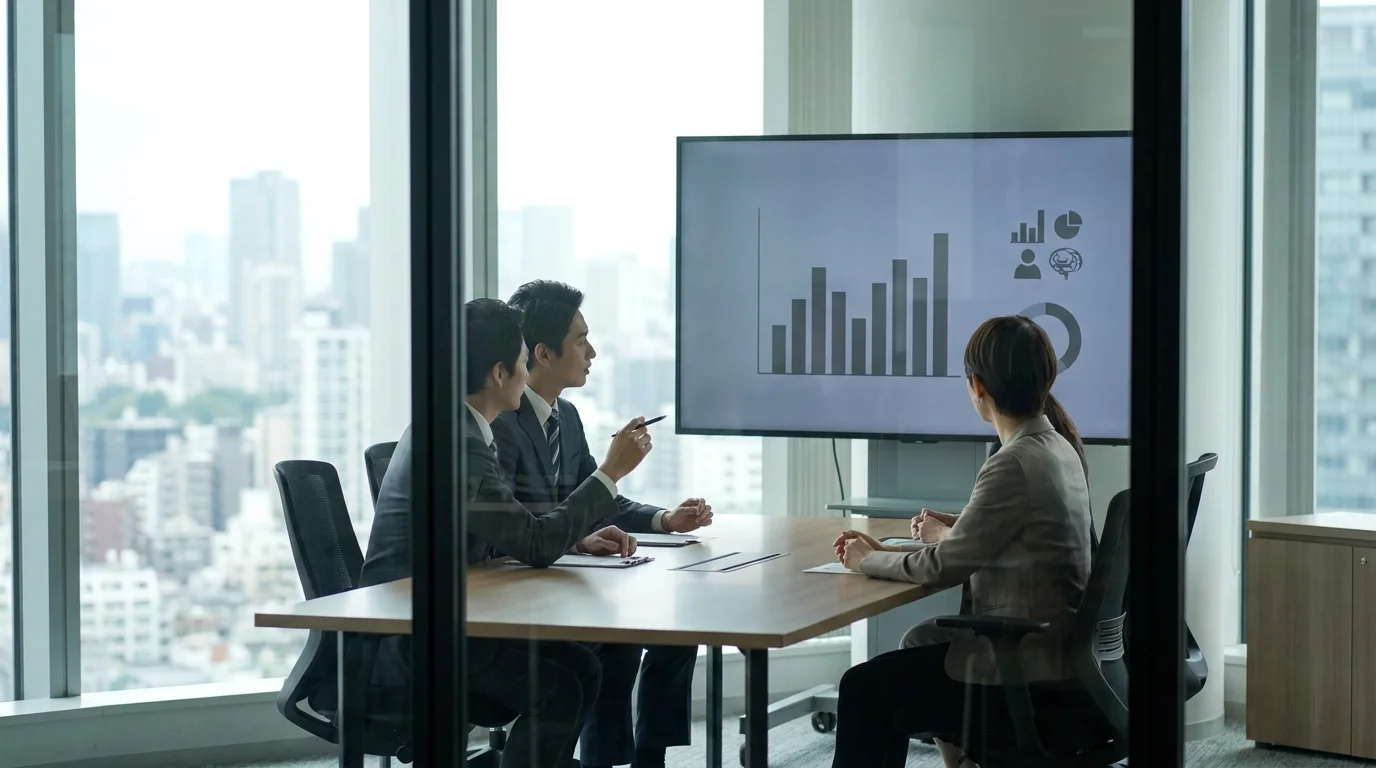 Japanese professionals in a Tokyo office reviewing automated contract analysis reports on high-resolution monitors, collaborating to finalize high-stakes real estate transactions with the support of AI-driven tools.