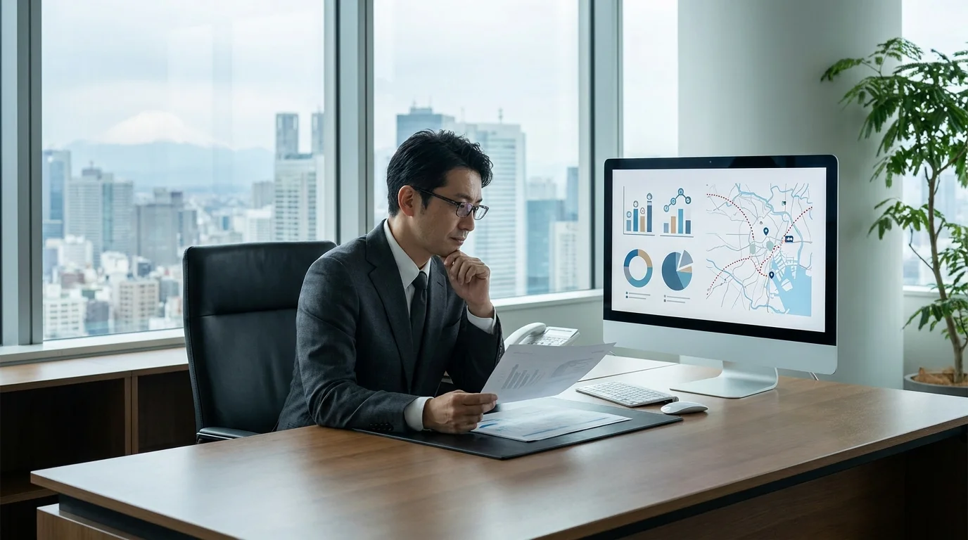 A high-tech digital dashboard displaying real-time data visualizations, including heatmaps of global economic indicators and trend lines for social media sentiment, designed for Japanese corporate planning teams to monitor macro trends without any people in the frame.