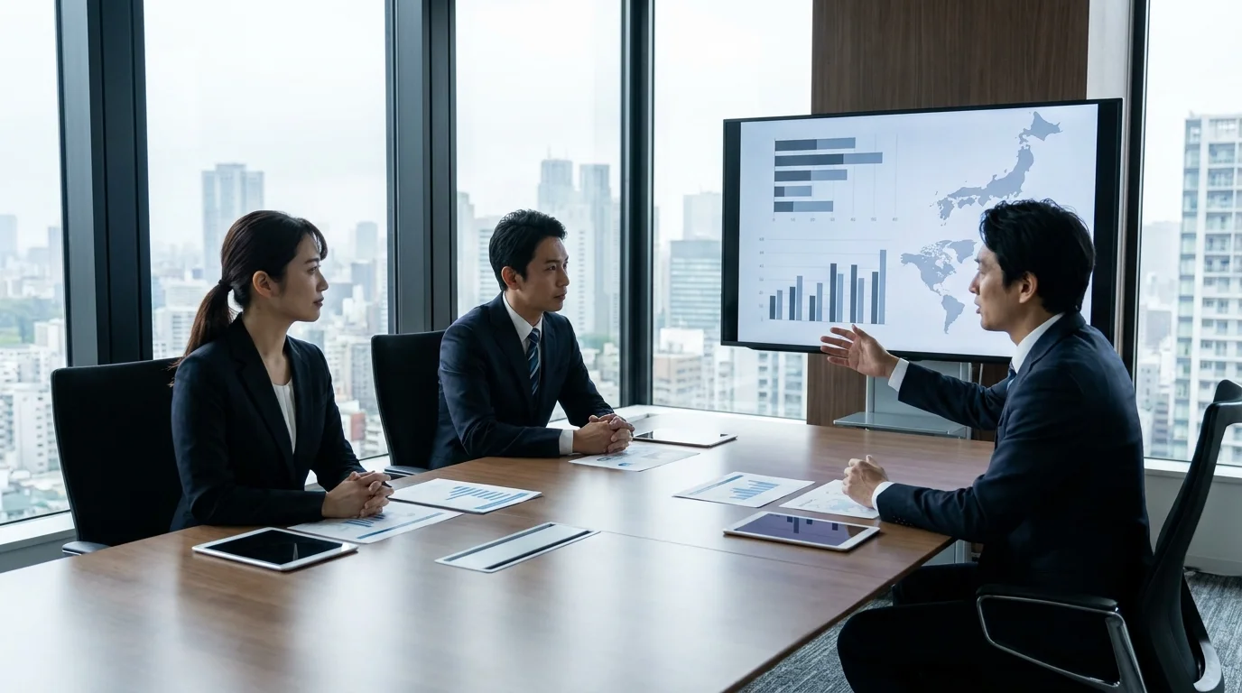 Three Japanese executives in business attire sitting in a modern Tokyo boardroom, reviewing strategic AI-generated insights on a large wall-mounted screen displaying data charts and macro-trend signals.