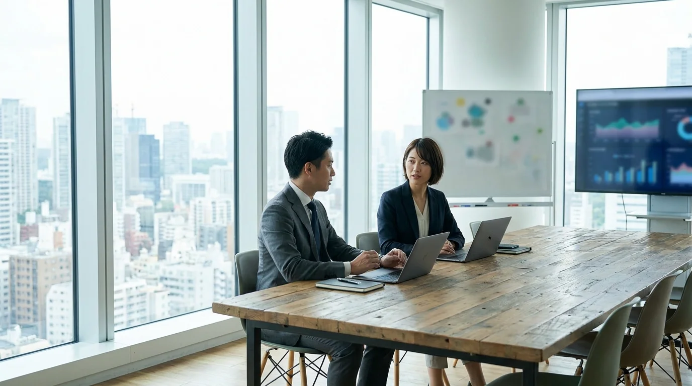 A Japanese data professional in a high-rise office reviewing structured logical trees on a large transparent glass board, emphasizing strategic precision and business intelligence.