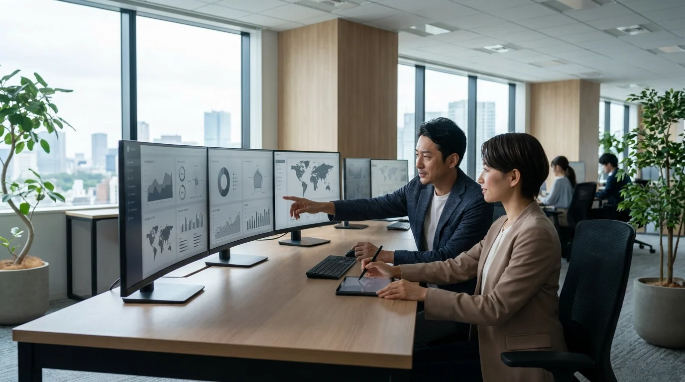 Japanese data analysts in a modern Tokyo office, working with large display screens showing complex business resource charts and AI-generated analysis reports. They are focused on optimizing a business strategy for a subsidy application.