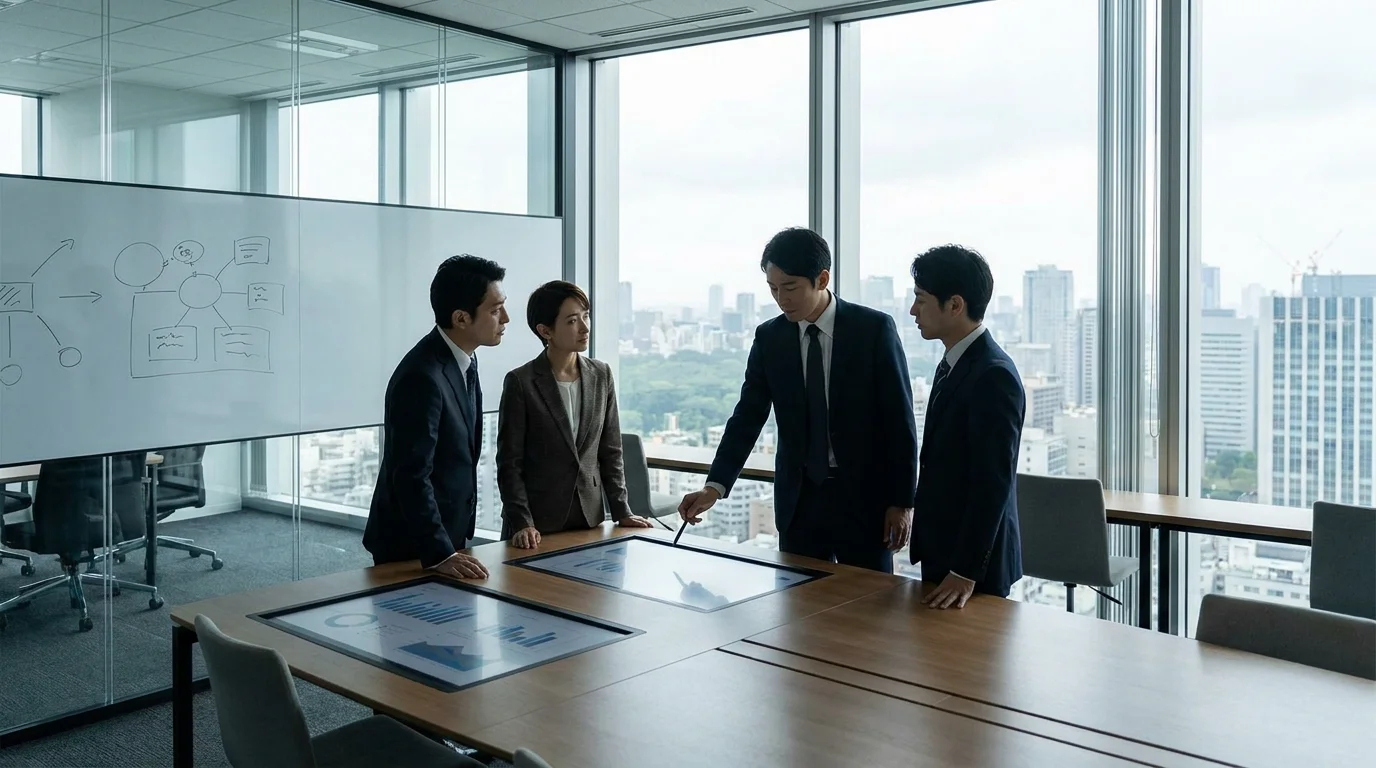 A team of Japanese business professionals in a collaborative workspace, using tablets and large digital displays to monitor an automated workflow pipeline without any manual coding required.