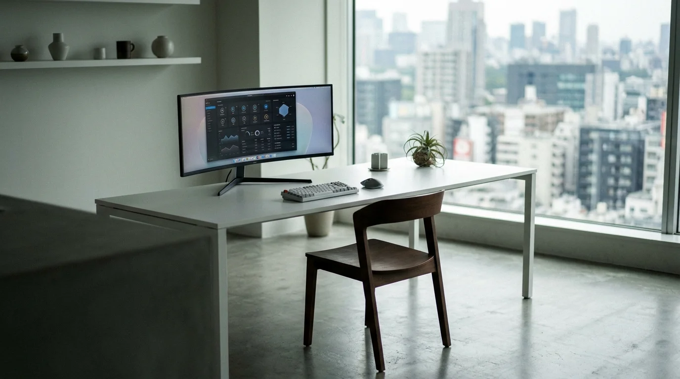 A minimalist Japanese office interior featuring clean white desks and high-end computing hardware. On the screen, a sophisticated AI image generation software interface is visible, showing professional marketing documents and architectural charts, emphasizing a focused work environment.