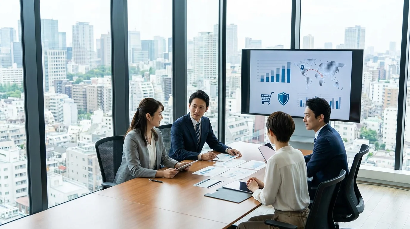 Japanese IT professionals in a clean, modern Tokyo office looking at a large screen displaying complex data architecture and neural network diagrams. The Japanese data analyst is pointing at a specific node in the data flow.