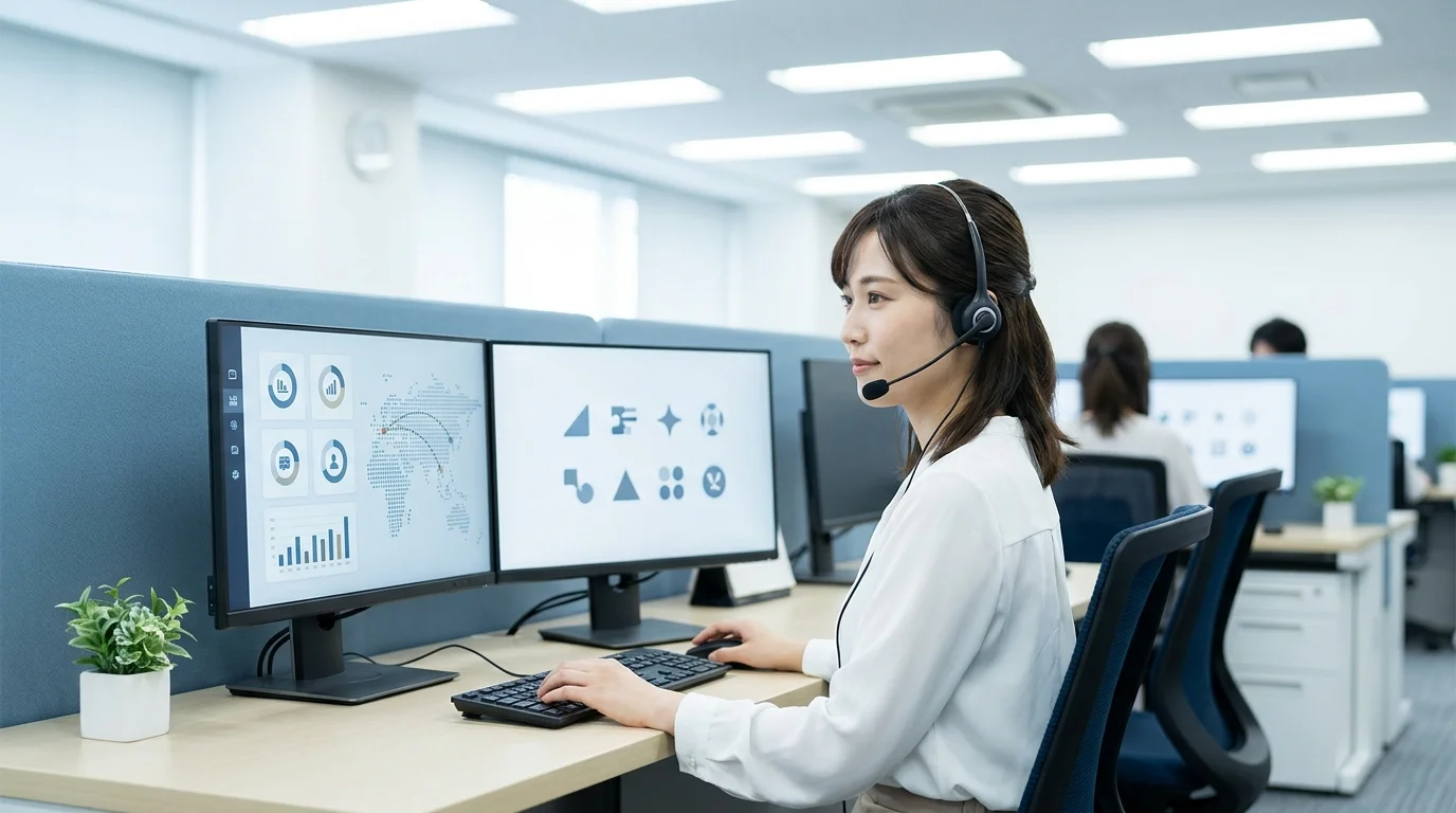 Close-up of a tablet screen showing a Japanese-language AI chatbot interface providing accurate technical support steps, with a Japanese office background slightly out of focus.