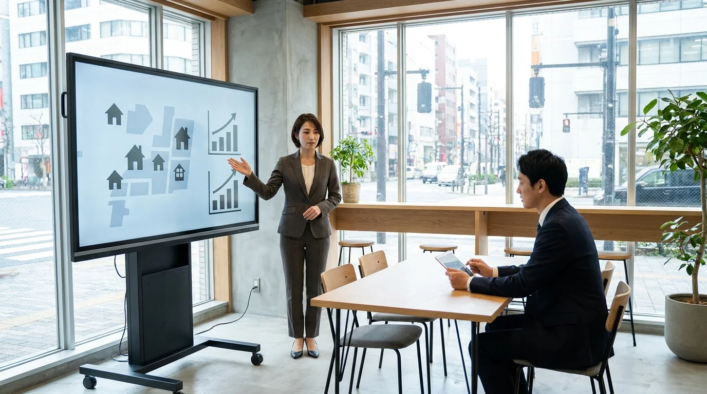 A high-tech digital dashboard displaying real-time CTR analytics for Japanese real estate portals, with complex charts, heatmaps of user clicks, and AI-generated text suggestions, viewed in a professional Tokyo-based office environment.