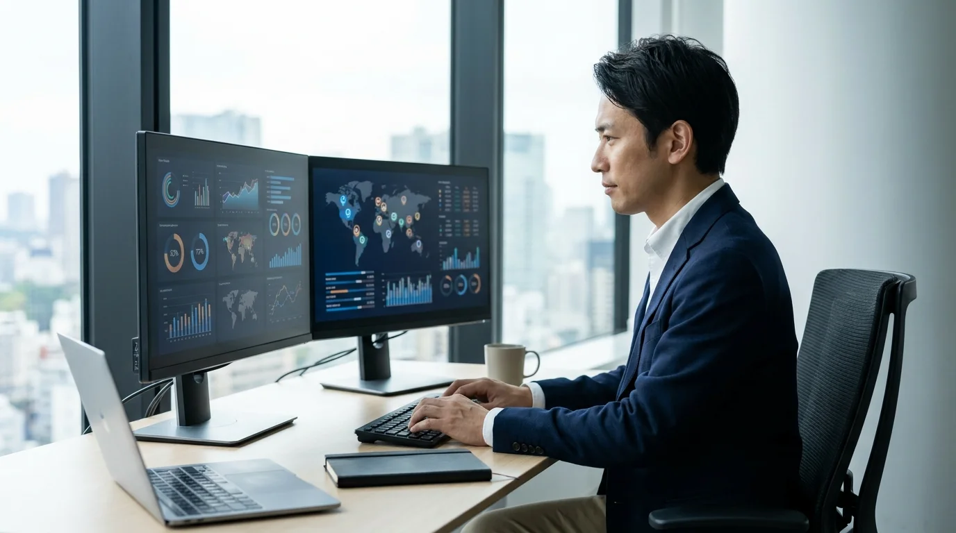 A Japanese data analyst in a modern office in Minato-ku, Tokyo, focusing on a large monitor that displays AI-driven content performance metrics for property listings, using a sophisticated analytics platform.