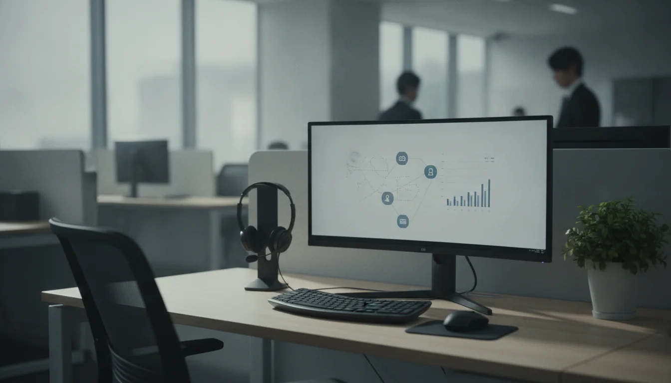 A clean workspace in a Japanese property management office, featuring a high-resolution tablet displaying a Japanese LINE interface for tenant support and a smartphone showing a data dashboard.