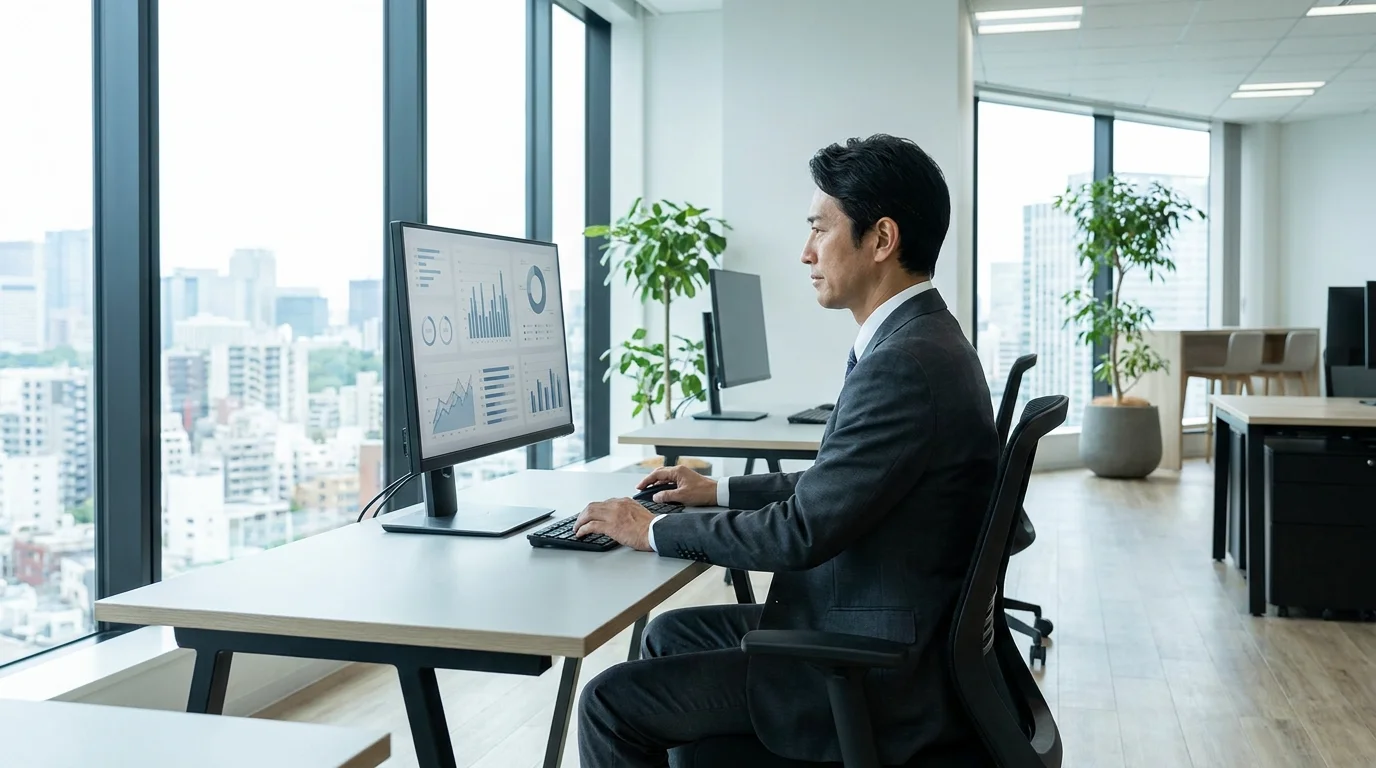 A Japanese data analyst in a professional Tokyo office setting, carefully examining a legal-tech dashboard on a dual-monitor setup showing contract risk heatmaps and workflow automation statistics. The environment is a modern, clean Japanese corporate workspace.