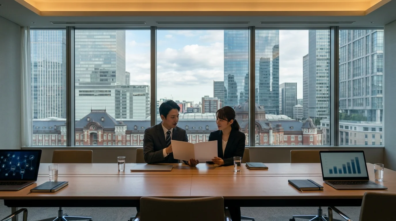 Two Japanese executives, a man and a woman in business attire, having a strategic discussion in a high-rise office in Marunouchi, Tokyo. They are looking at a tablet showing complex deal structures, symbolizing the shift to high-level decision making.