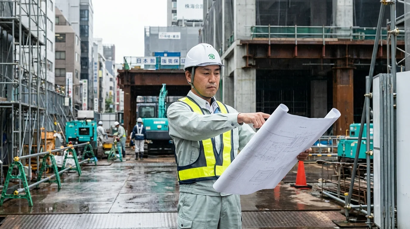 A Japanese site manager in a white helmet and reflective vest speaking into a professional handheld device on a construction site, with architectural blueprints and a tablet visible in the background.