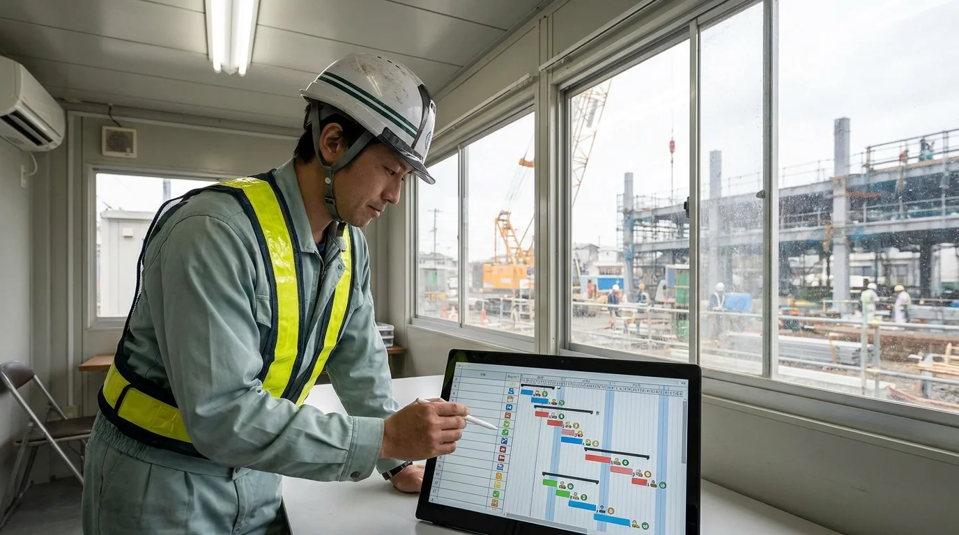 A Japanese project manager in a modern Tokyo office, looking at a large wall-mounted screen displaying a complex construction schedule being adjusted automatically by an AI system showing Gantt charts and risk heatmaps.