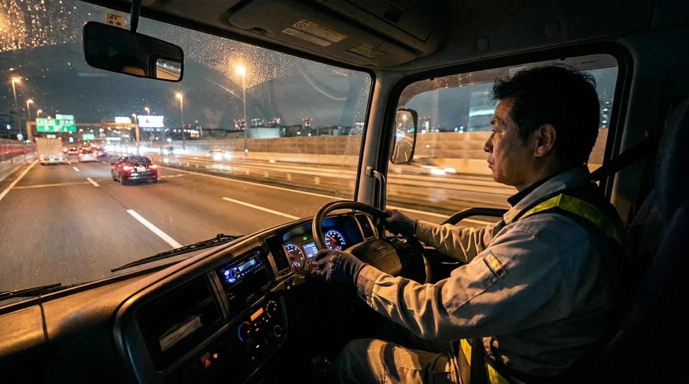 A high-resolution display of a Japanese data analyst monitoring fleet safety metrics. The screen shows real-time heatmaps of driver eye movements and infrared sensor data, highlighting the precision of edge AI in detecting distraction patterns.
