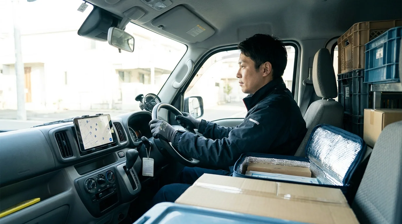 A detailed screen capture of a Japanese logistics application on a tablet. The interface shows a Japanese delivery status bar, map tracking, and a clear notification message in Japanese indicating the precise estimated arrival time.