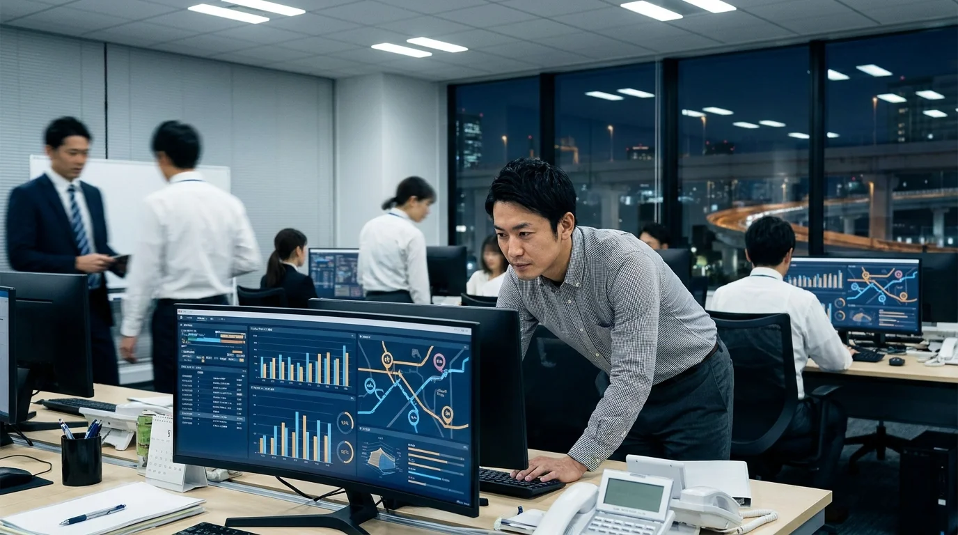 A Japanese data analyst and a Japanese logistics manager in a Tokyo office reviewing complex logistics performance charts on a large wall-mounted display. They are discussing strategic optimization based on AI-generated delivery data.