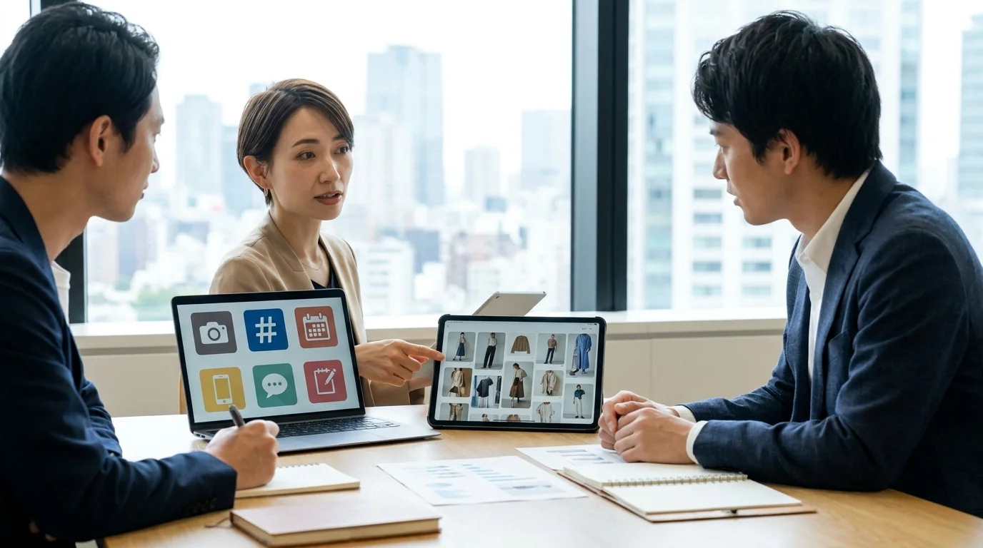 A sophisticated AI dashboard displayed on a large monitor in a modern Japanese corporate office. The screen shows heatmaps of fashion trends, textile texture analysis, and predictive demand curves. The focus is on the data visualization technology.