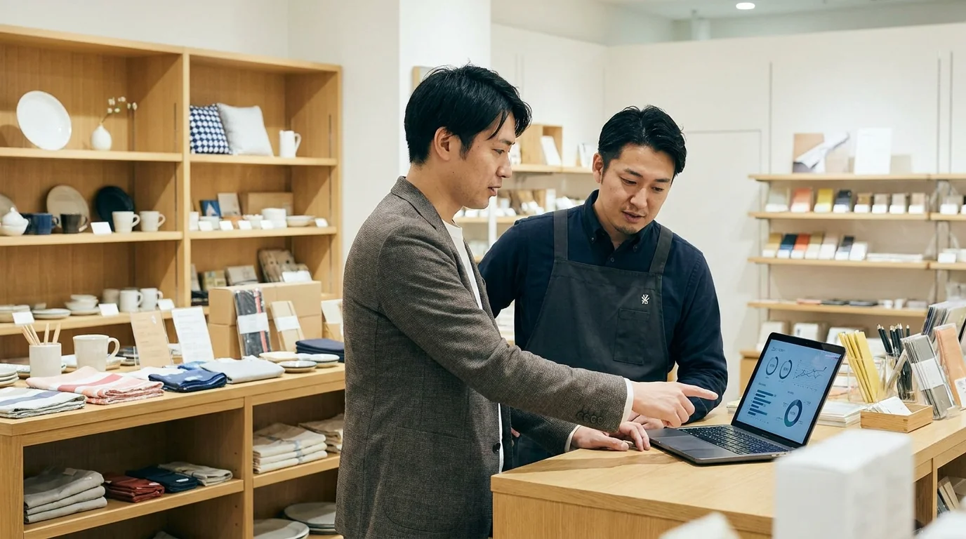 A Japanese data analyst and a Japanese store manager are looking at a tablet screen together in a bright, minimalist Tokyo office. They are discussing AI-generated trend reports to optimize seasonal product strategies. Professional atmosphere.
