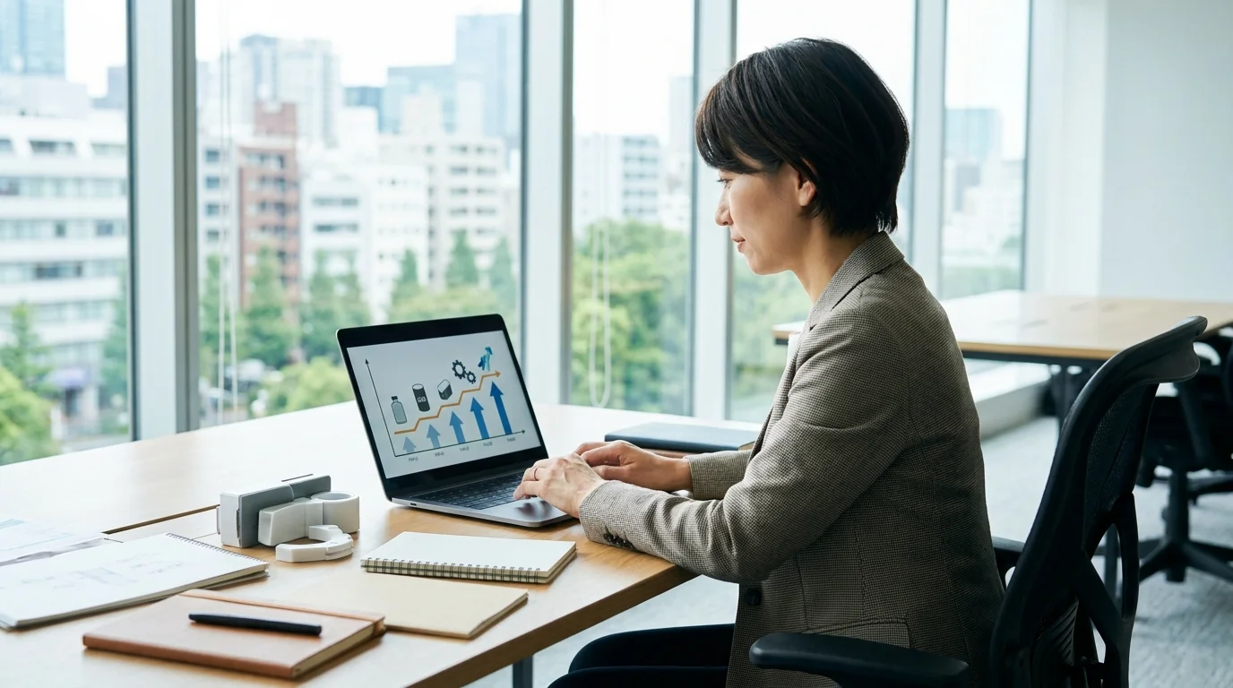 A detailed logic tree diagram on a high-resolution tablet screen, showing the flow from customer interview data to structured JTBD statements. Two Japanese business professionals are focusing on the digital interface in a modern workspace.