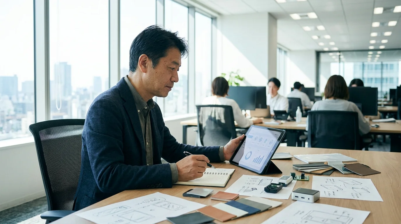 A sophisticated heat map visualization on a large monitor showing market opportunities. The map uses Japanese characters for labels and highlights areas with high importance but low satisfaction, set in a professional corporate environment.