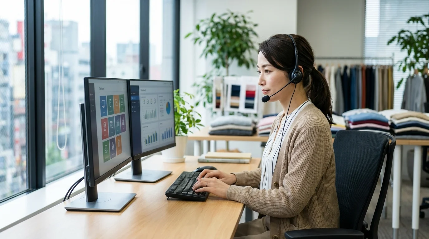 A Japanese data analyst in a professional office environment looking at a large screen displaying logistics optimization metrics. The screen shows a downward trend in return rates and an upward trend in profit margins, visualized through heatmaps and line graphs. No corporate identifying marks.