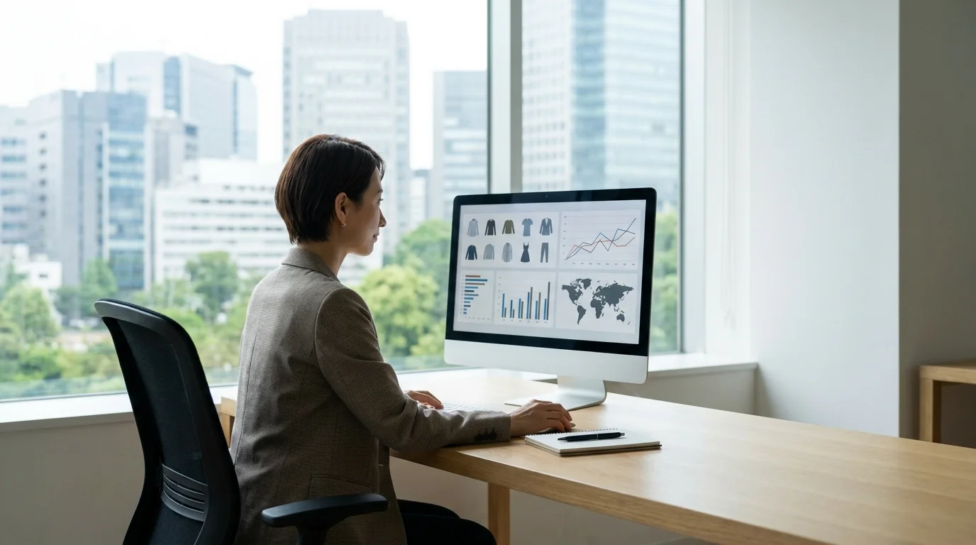 A professional minimalist workspace with a large monitor displaying complex data visualizations and customer sentiment analysis charts for an e-commerce platform.