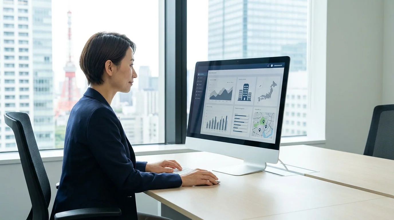 A professional Japanese data analyst in a Tokyo office examining a high-resolution dashboard. The screen displays complex data visualizations and real-time A/B testing results of email campaigns. The office environment is modern and clean, reflecting a high-tech Japanese corporate atmosphere.