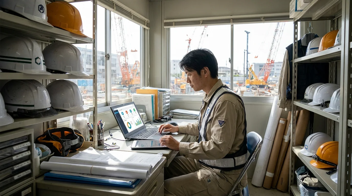 A professional Japanese data analyst working in a modern Tokyo office, focusing on a large monitor displaying complex data visualizations and vector space charts for a construction AI system, showing a clean and organized workspace with Japanese business documents.