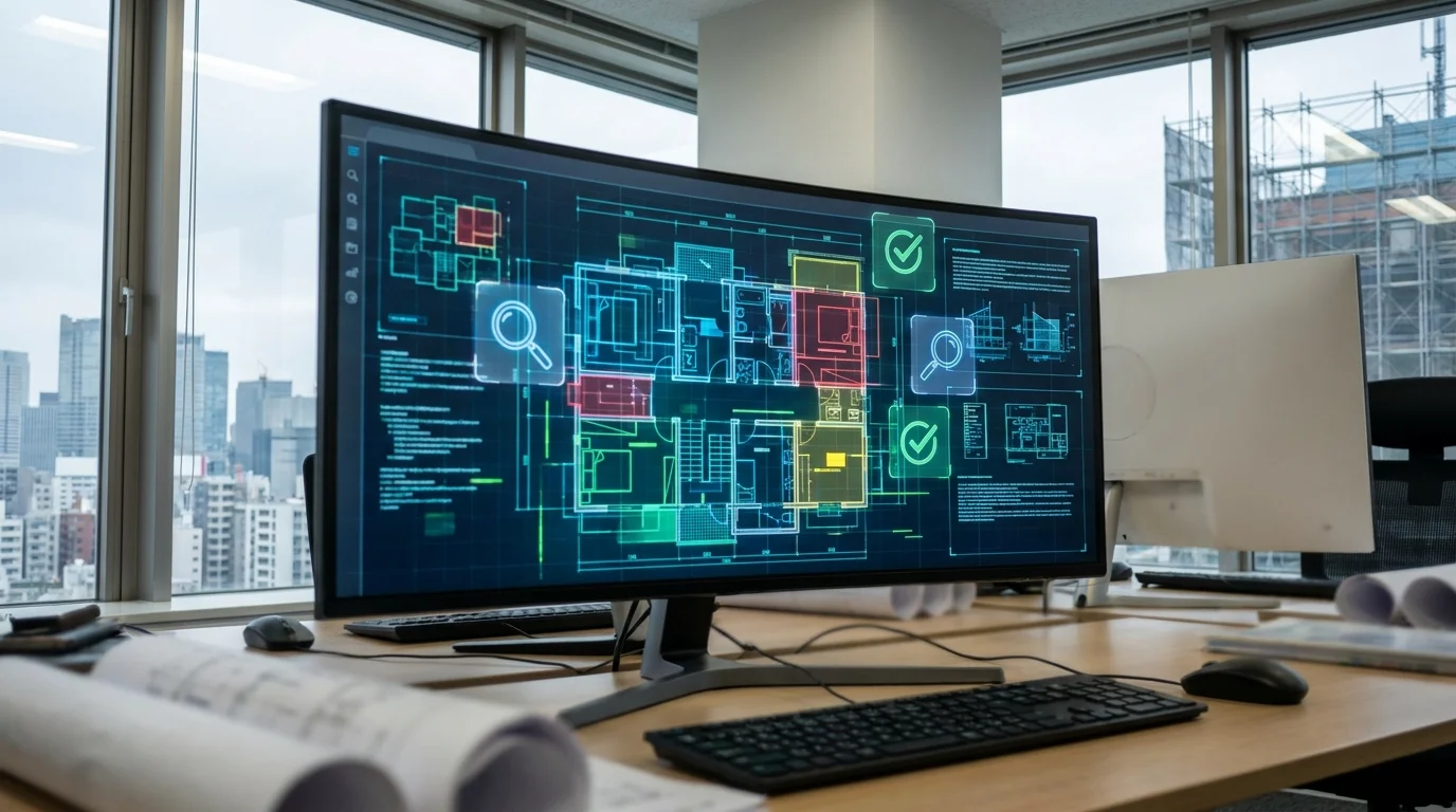 A digital dashboard interface showing construction site safety metrics and AI-driven risk assessments, featuring Japanese text labels and charts with architectural blueprints in the background, representing a sophisticated AI search system for construction trouble prevention.
