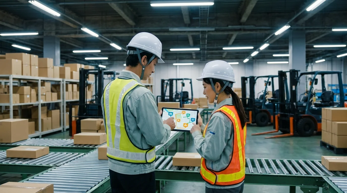 Two Japanese logistics executives in business attire are standing in a modern office, looking at a large wall-mounted screen displaying real-time delivery status and customer sentiment heatmaps.