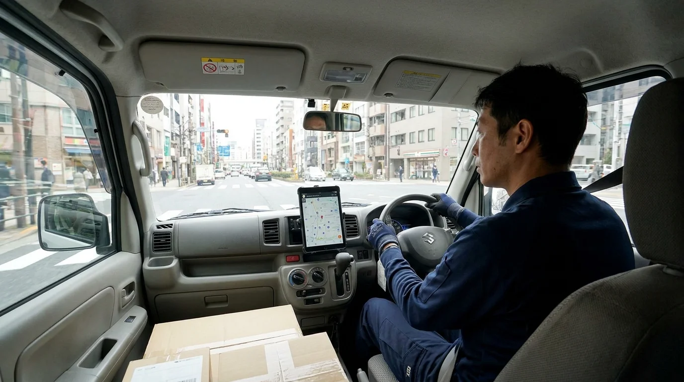 A detailed digital chart displaying Japanese data analyst findings on a large screen, showing the correlation between driver behavior and fuel efficiency in a professional Japanese corporate environment.