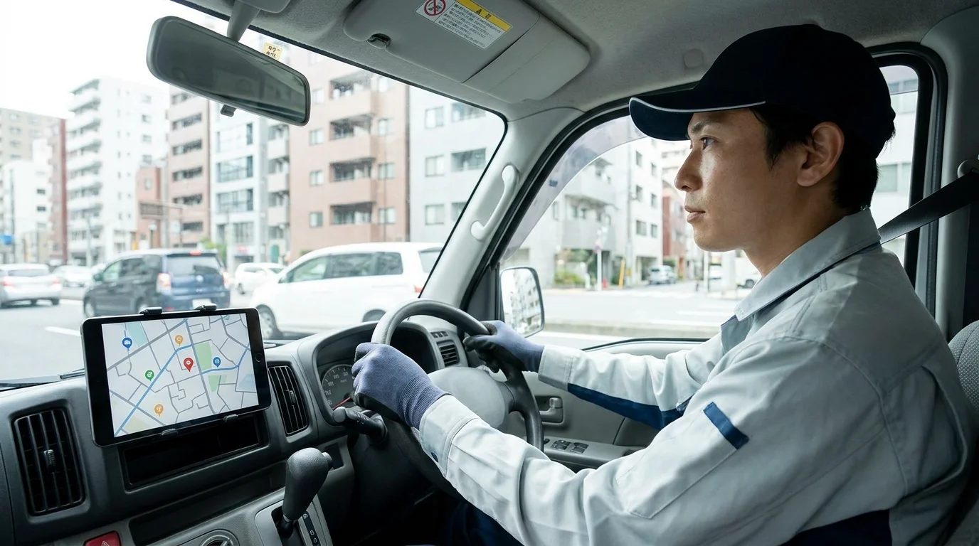 A Japanese store manager reviewing an AI-generated driver performance report on a handheld tablet, featuring clear Japanese text and intuitive data charts for operational optimization.