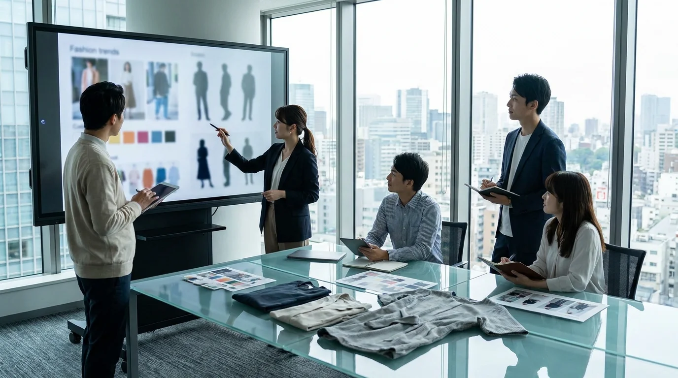 A sophisticated data visualization screen showing interconnected nodes of global fashion trends, with Japanese data analysts analyzing real-time metrics in a high-tech Tokyo office environment.