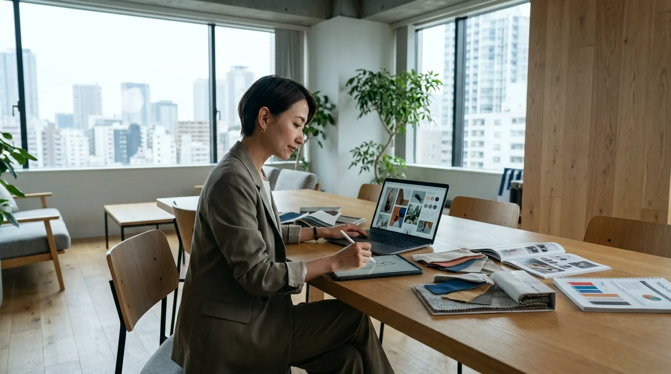 A professional setting where a Japanese executive is reviewing an automated trend report on a tablet, illustrating the seamless integration of AI insights into corporate decision-making processes.