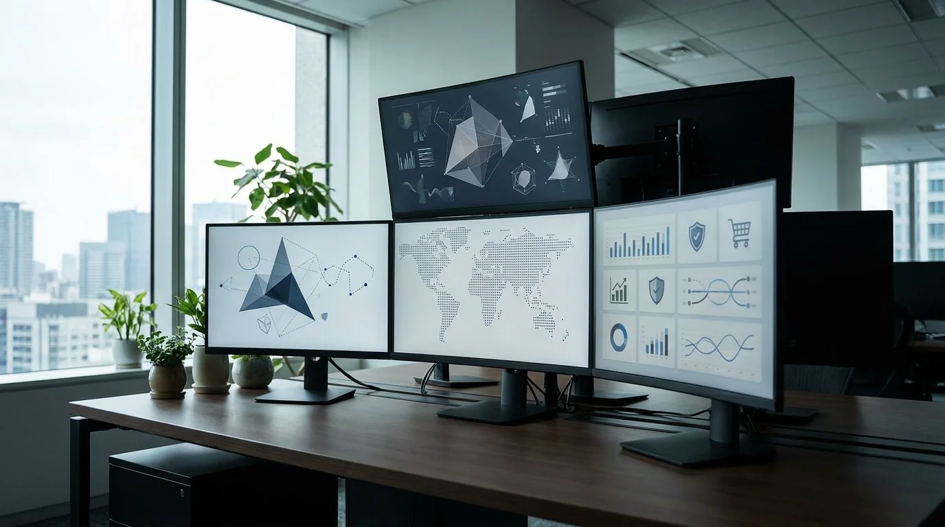 A sophisticated data dashboard showing recruitment analytics, Japanese business professionals' performance charts, and AI-driven screening results on multiple monitors in a high-tech Japanese office environment.