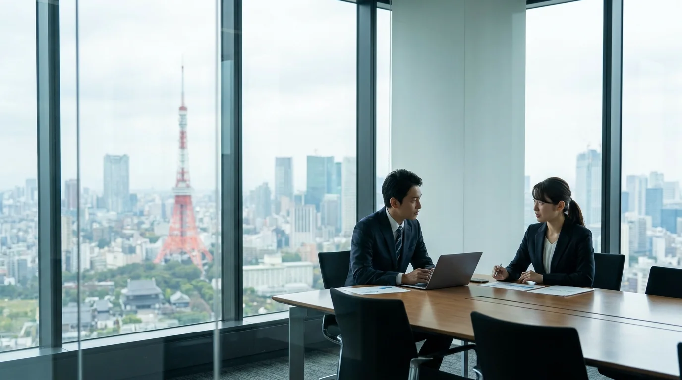 Japanese business executives in a Tokyo office engaging in a strategic meeting, looking at a large screen displaying automated scheduling workflows and recruitment DX roadmaps.