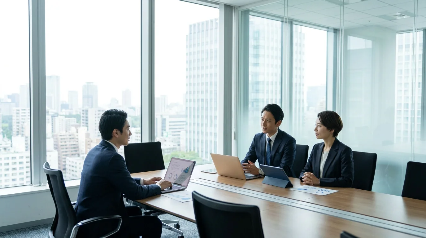 A group of Japanese executives in a bright, modern Tokyo office, reviewing talent mapping data on a large interactive screen showing skill distributions and organizational charts.